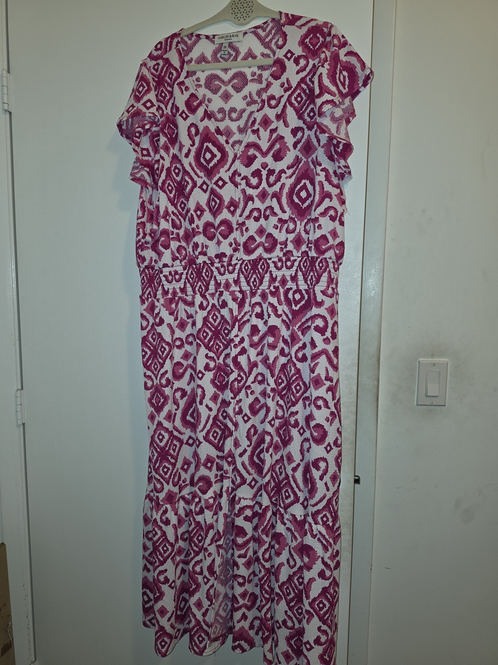 Fuchsia and White Printed Maxi Dress with Flutter Sleeves